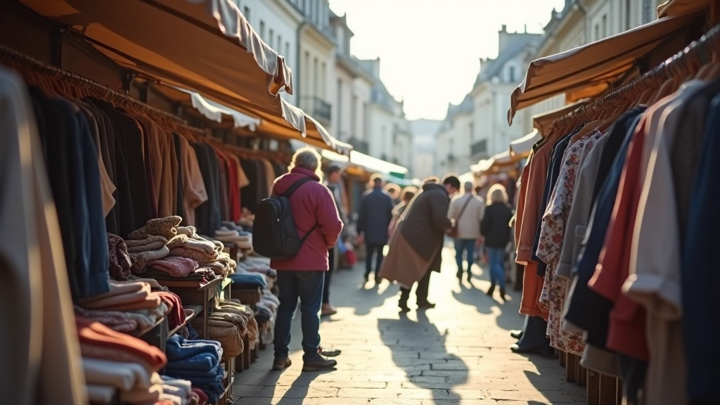 Marché aux puces avec des vêtements et objets de seconde main exposés sur des étals en bois