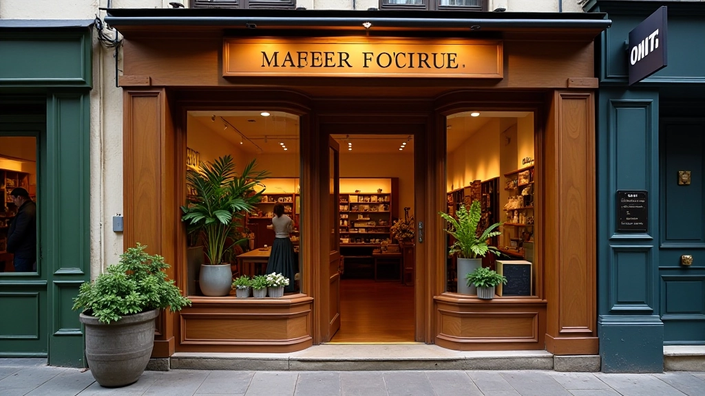 Devanture d'une petite boutique locale avec vitrine attrayante et panneaux en bois