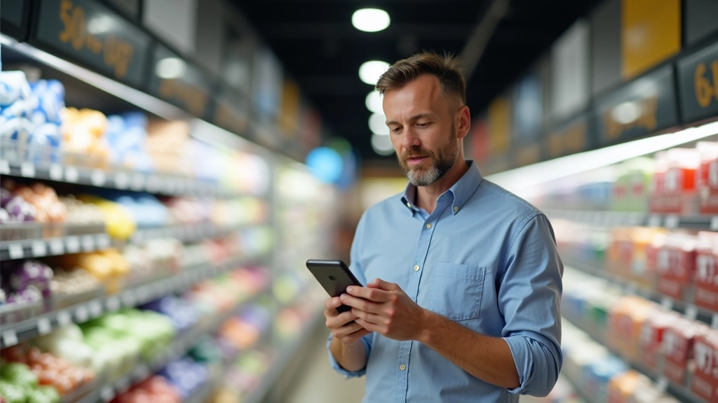 Homme consultant son téléphone dans un magasin tout en regardant les étiquettes de prix des produits