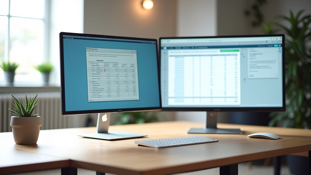 Écran d'ordinateur affichant un tableau de calcul financier avec graphiques, bureau moderne avec deux écrans, bureau en bois clair, lumière douce