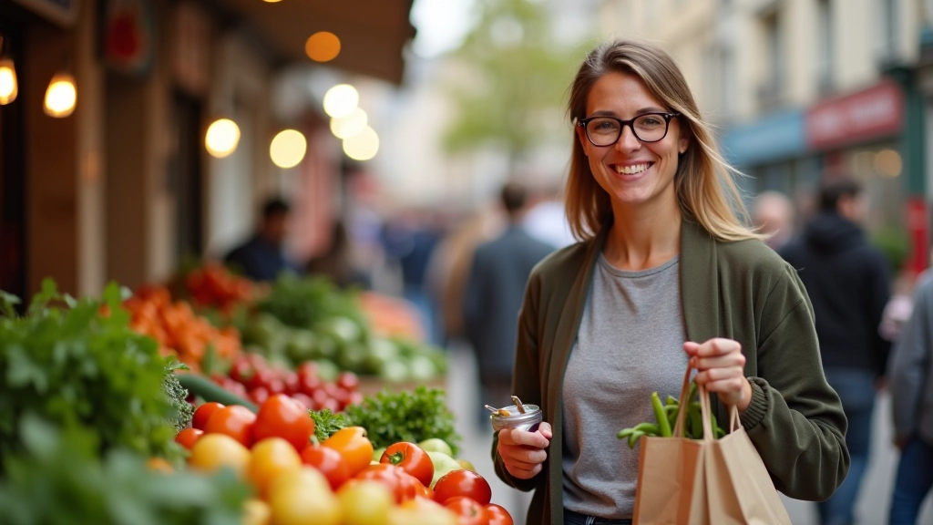 Consommateurs rouennais faisant leurs courses dans un marché local avec paniers et sacs réutilisables