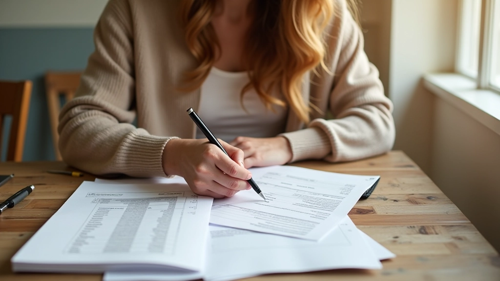 Femme notant ses dépenses mensuelles dans un carnet avec calculatrice et reçus organisés sur un bureau