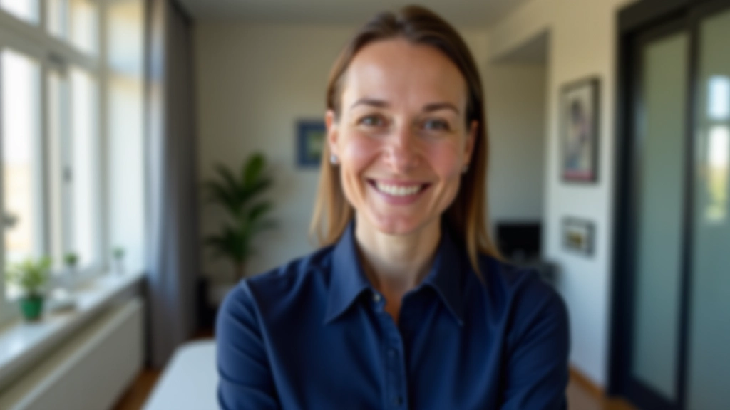 Femme professionnel âgée de 40 ans, vêtue d'une chemise bleu marine, portrait de la poitrine vers le haut, souriant avec confiance dans un bureau moderne, lumière naturelle